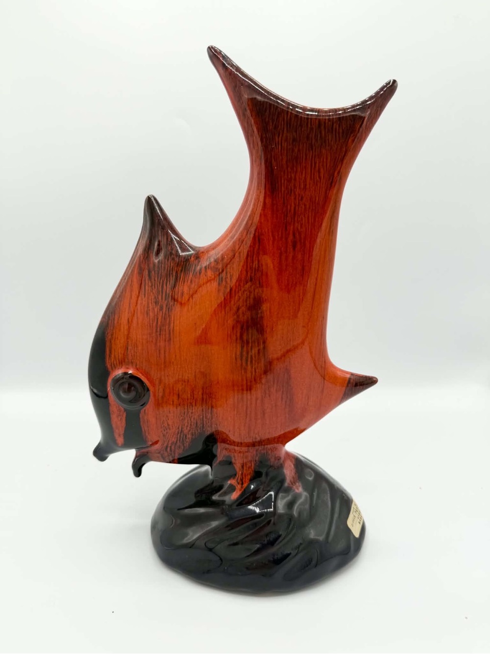 Vintage Evangeline Pottery Angel Fish: Orange & Black Drip Glaze Ceramic